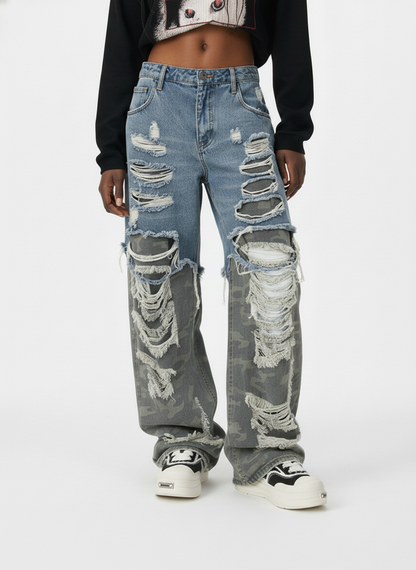 Camouflage Patchwork Ripped Cargo Jeans - 2452