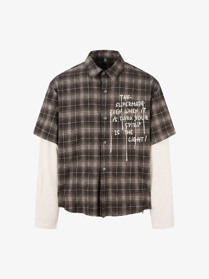Cotton Street Distressed Plaid Faux Two-Piece Shirt?