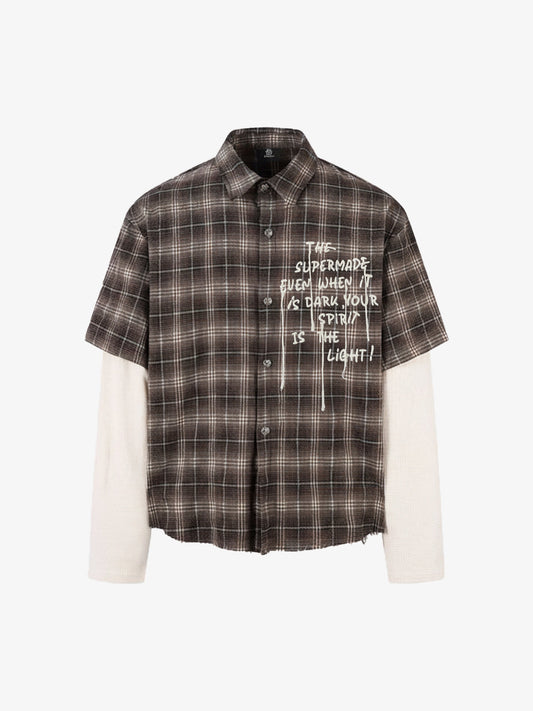 Cotton Street Distressed Plaid Faux Two-Piece Shirt?