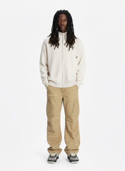 Distressed Ripped-Edge Turtleneck Diamond Star Zipper Knitted Sweater 