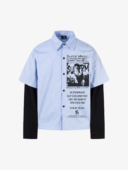 Vintage Illustration Striped Faux Two-Piece Shirt?