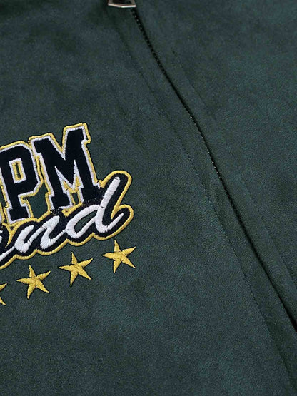 Suede Letter Embroidered Cropped Zip-Up Sweatshirt