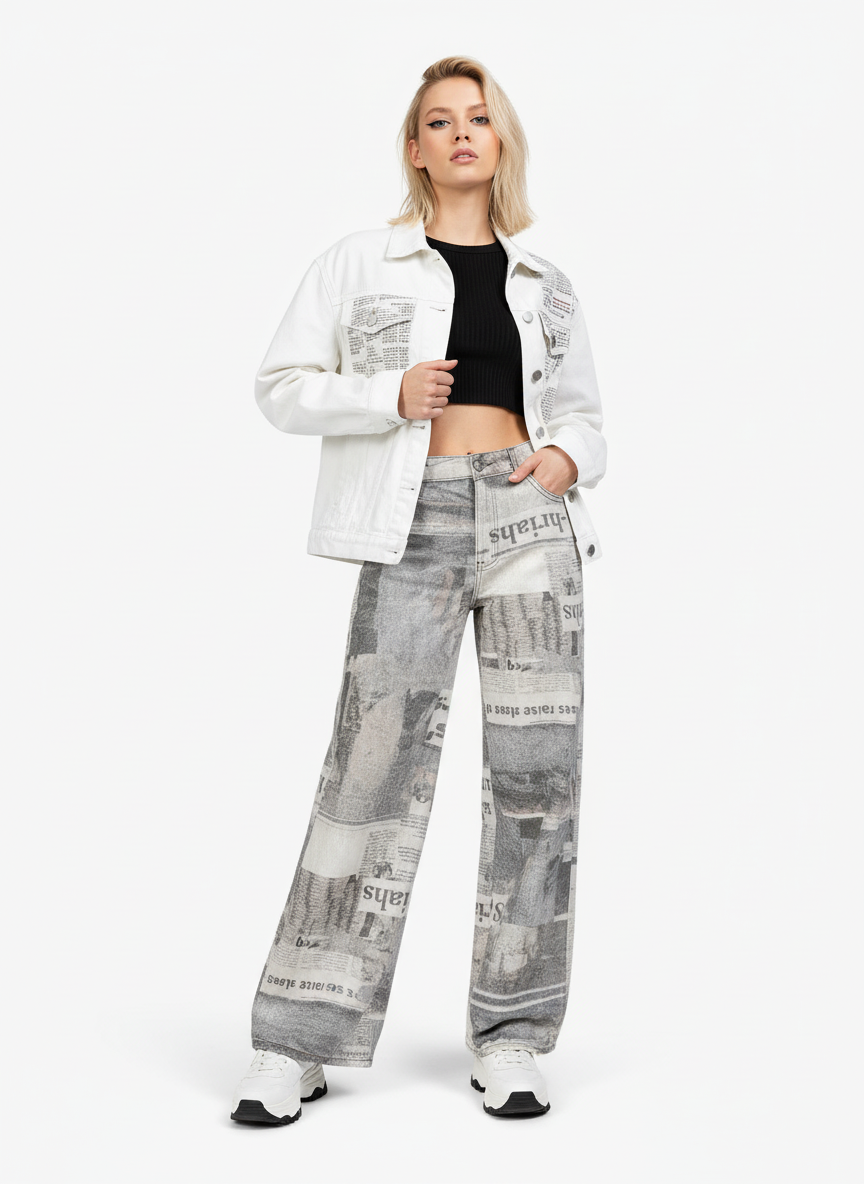 Graffiti Newspaper Baggy Jeans - 2404 