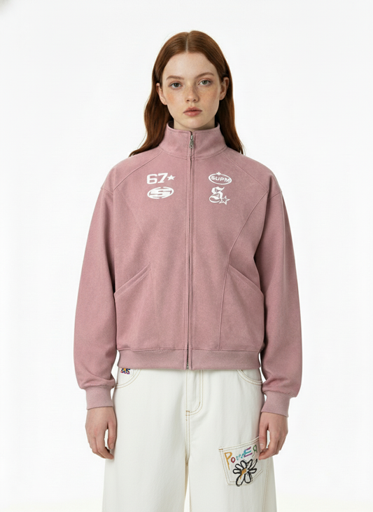 Suede Embroidered Zippered Short Jacket