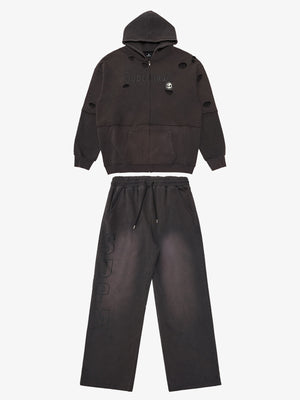 Original Washed & Ripped Skull Cardigan Cotton Hoodie Set 