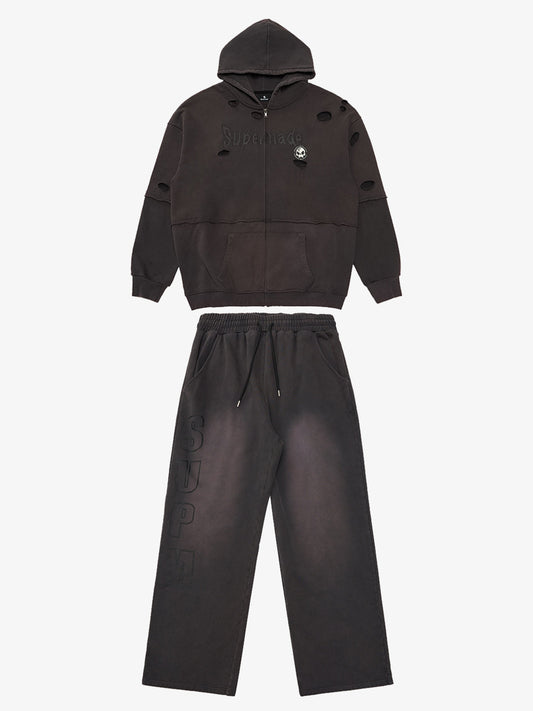 Original Washed & Ripped Skull Cardigan Cotton Hoodie Set 