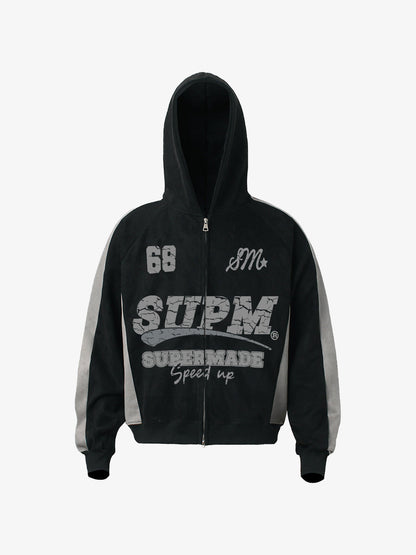 Suede Foam Letter Patchwork Zipper Shorts Jacket 