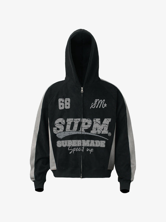 Suede Foam Letter Patchwork Zipper Shorts Jacket 