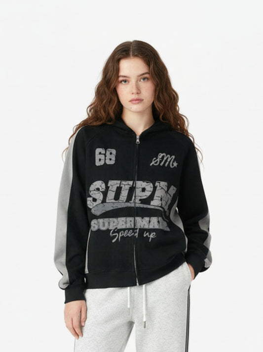 Suede Foam Letter Patchwork Zipper Shorts Jacket