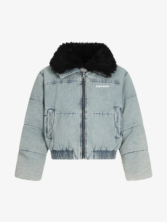 Retro Washed Denim Faux Fur Collar Quilted Jacket