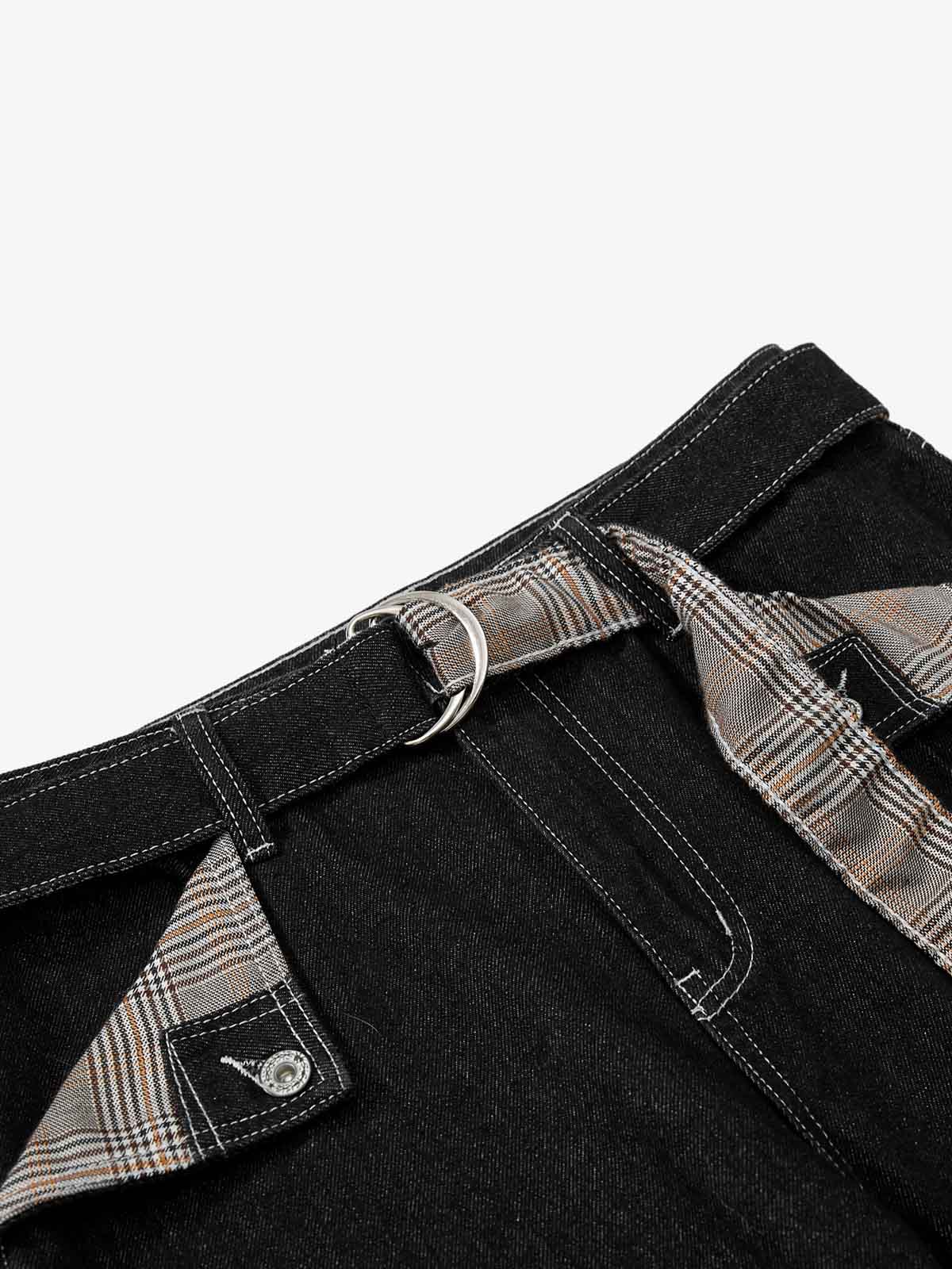 Vintage Plaid-Trim Tape-Belt Jeans 