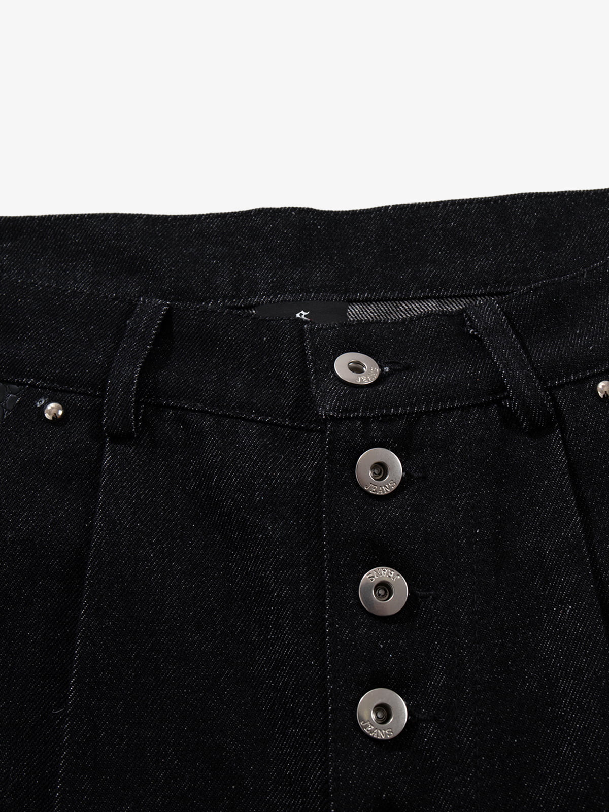 Black Denim Wide-Leg Cropped Pants with Leather Panels and Stud Details?