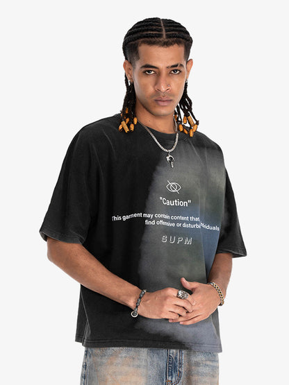 300G Cotton Jade Pattern Dyed T-Shirt with Caution Print Oversized Streetwear Tee?