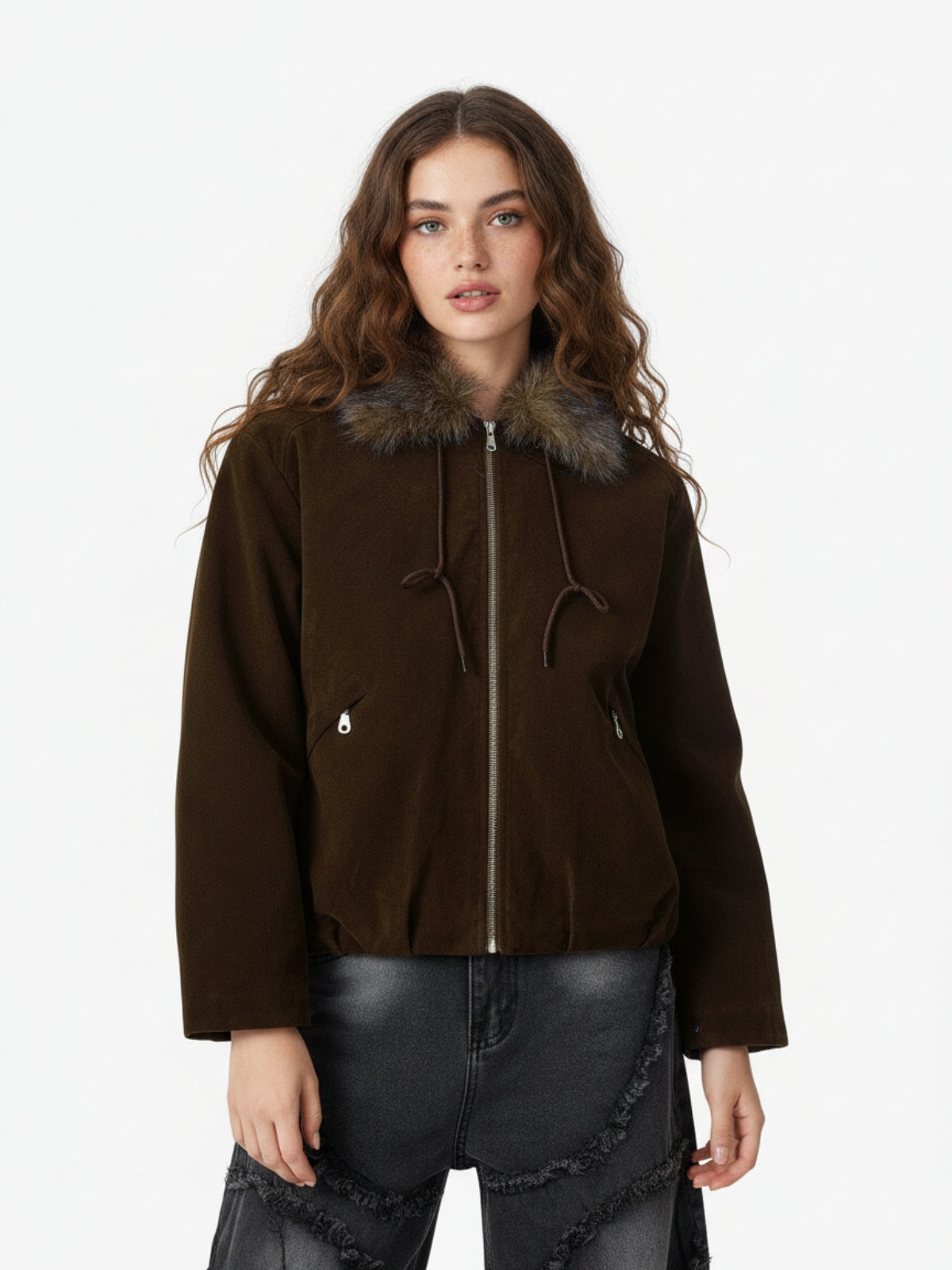 Vintage Drawstring Design Fur Collar Padded Jacket