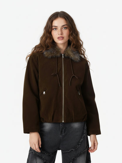 Vintage Drawstring Design Fur Collar Padded Jacket