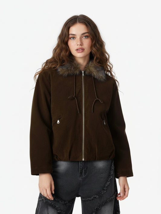 Vintage Drawstring Design Fur Collar Padded Jacket