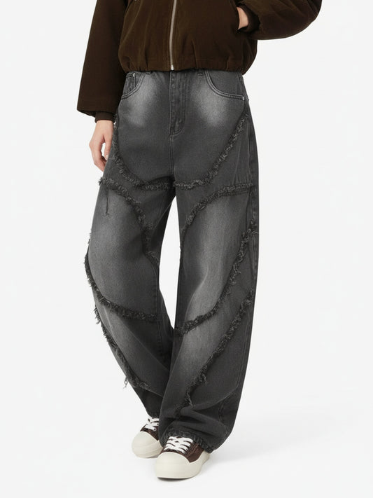 Washed Distressed Raw Edge Barrel Jeans - 2402