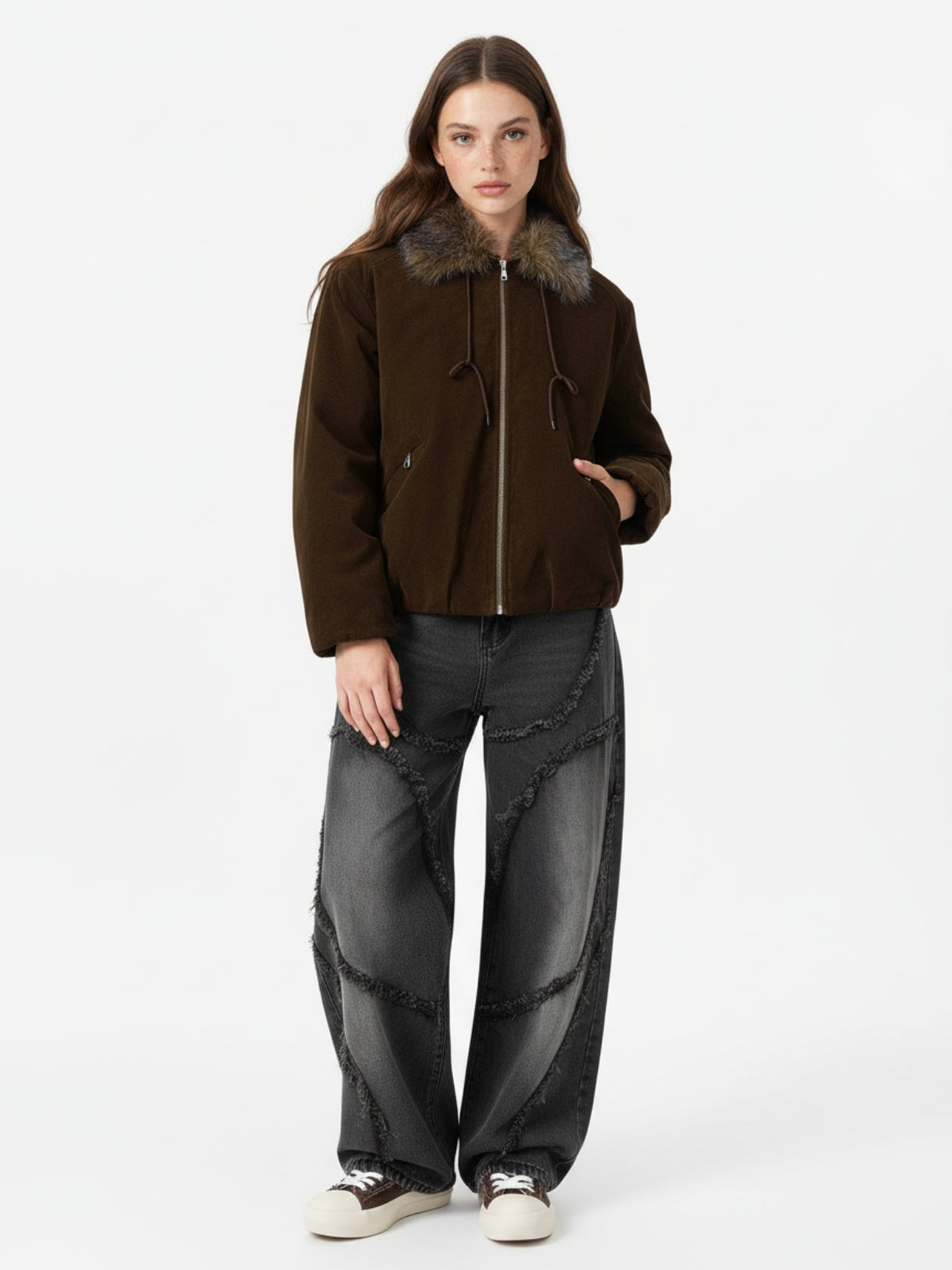 Washed Distressed Raw Edge Barrel Jeans - 2402