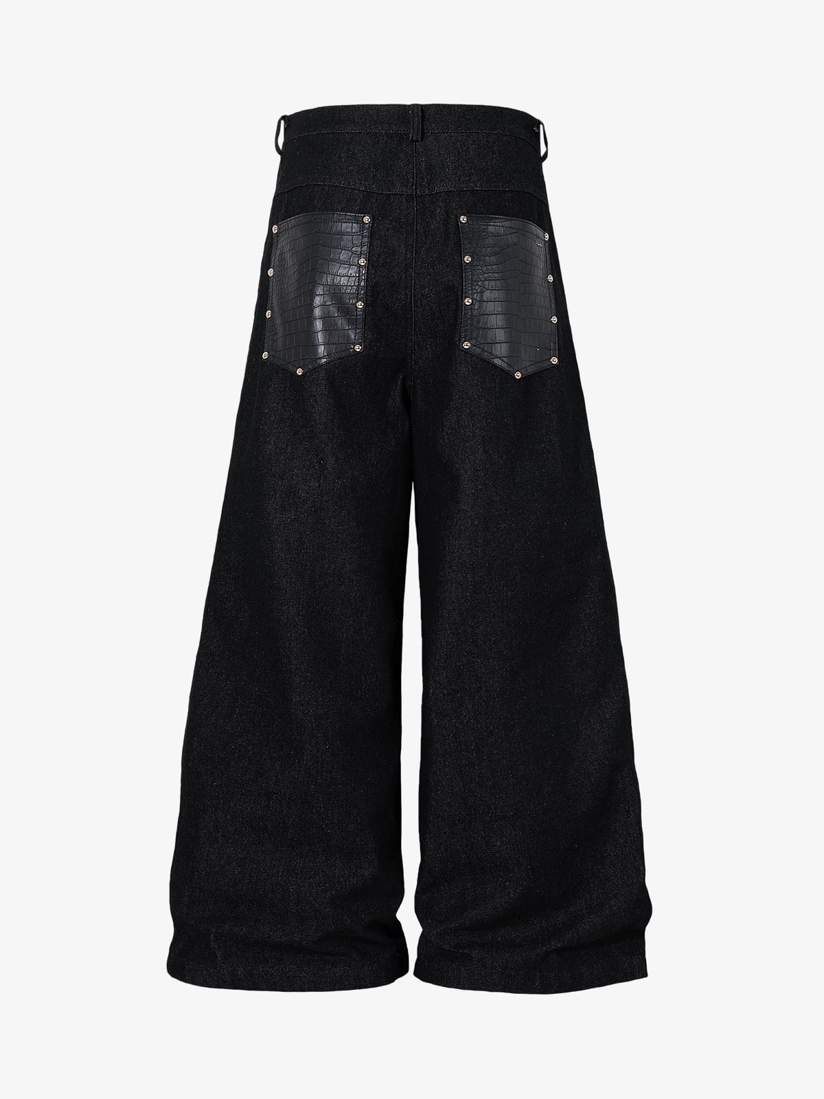 Black Denim Wide-Leg Cropped Pants with Leather Panels and Stud Details?