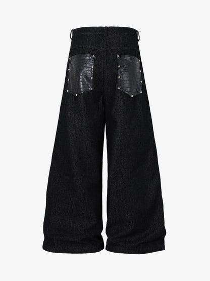 Black Denim Wide-Leg Cropped Pants with Leather Panels and Stud Details?