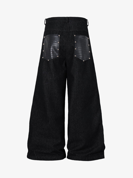Black Denim Wide-Leg Cropped Pants with Leather Panels and Stud Details?