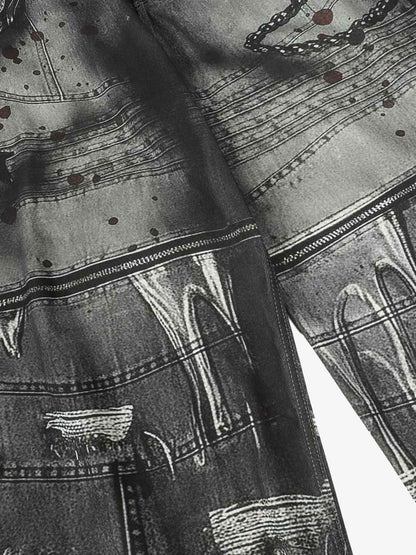 Black Printed Denim Wide-Leg Pants with Gothic Art Design for Men and Women 