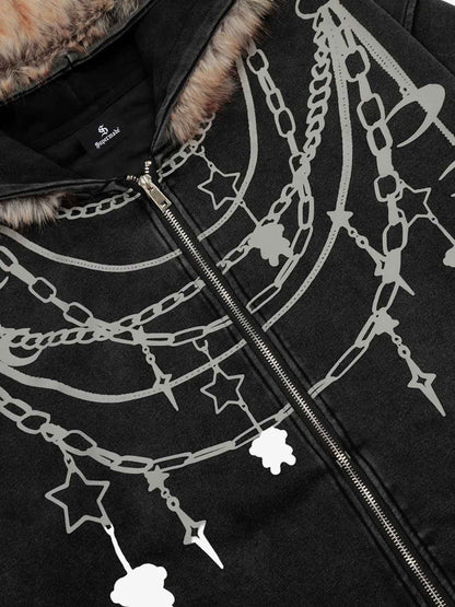 Stylish Chain-Printed Hoodie with Faux Fur Trim for Winter Fashion 