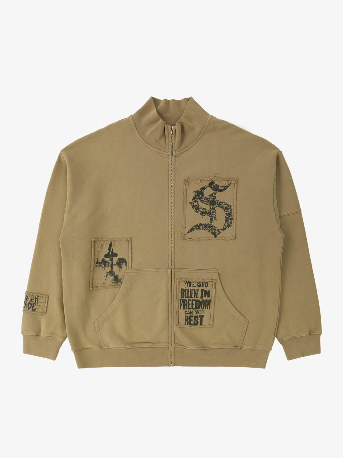 Cotton Blend Patchwork Bomber Jacket with Graphic Embroidery and Zipper Closure?
