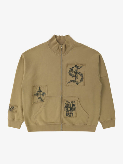 Cotton Blend Patchwork Bomber Jacket with Graphic Embroidery and Zipper Closure?