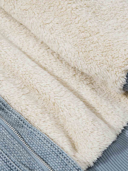 Washed Embroidered Fur-Lined Denim Bomber Jacket