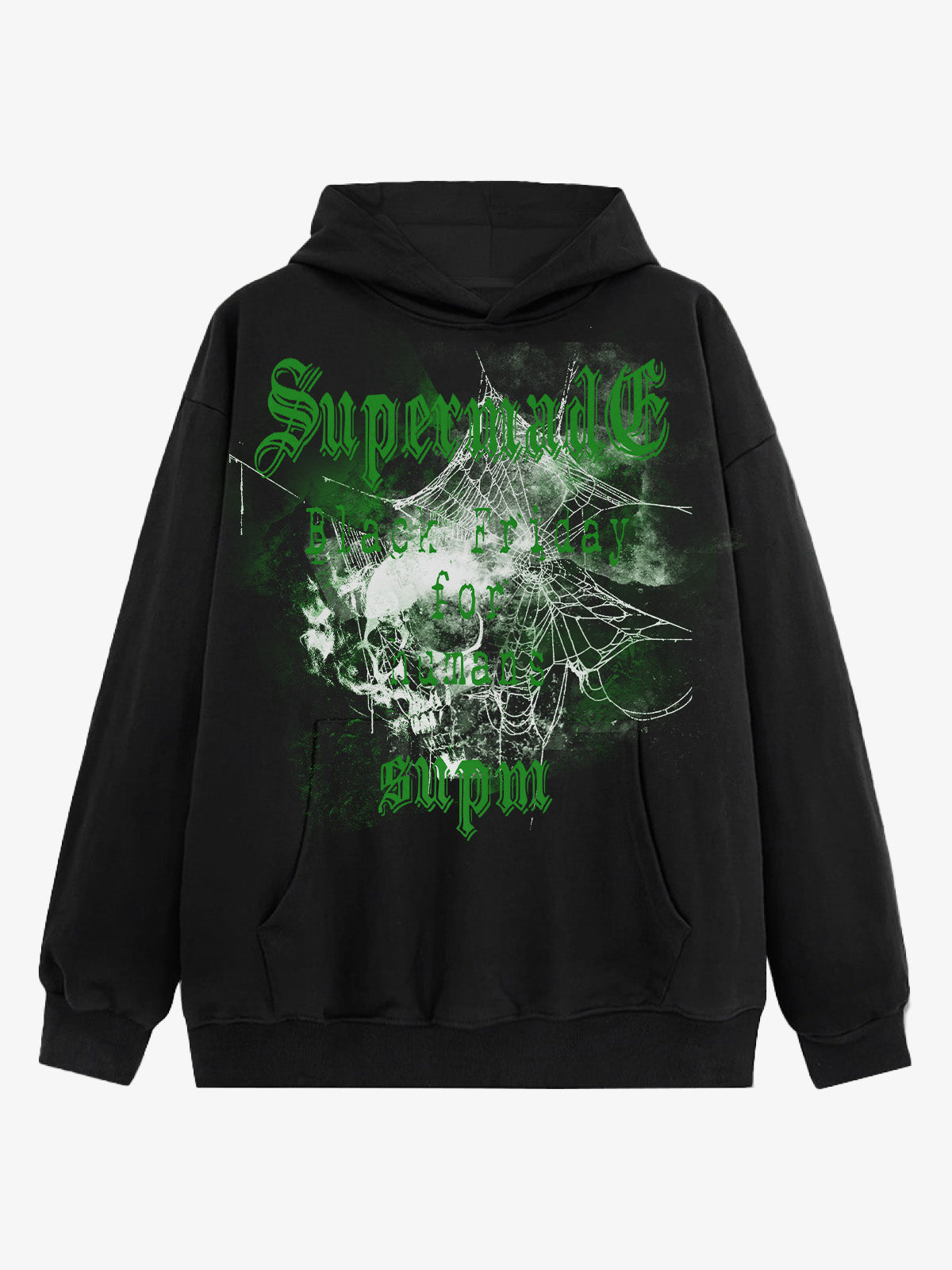 THE SUPERMADE Black Friday Human Supremacy Graphic Hoodie with Skull and Web Design 