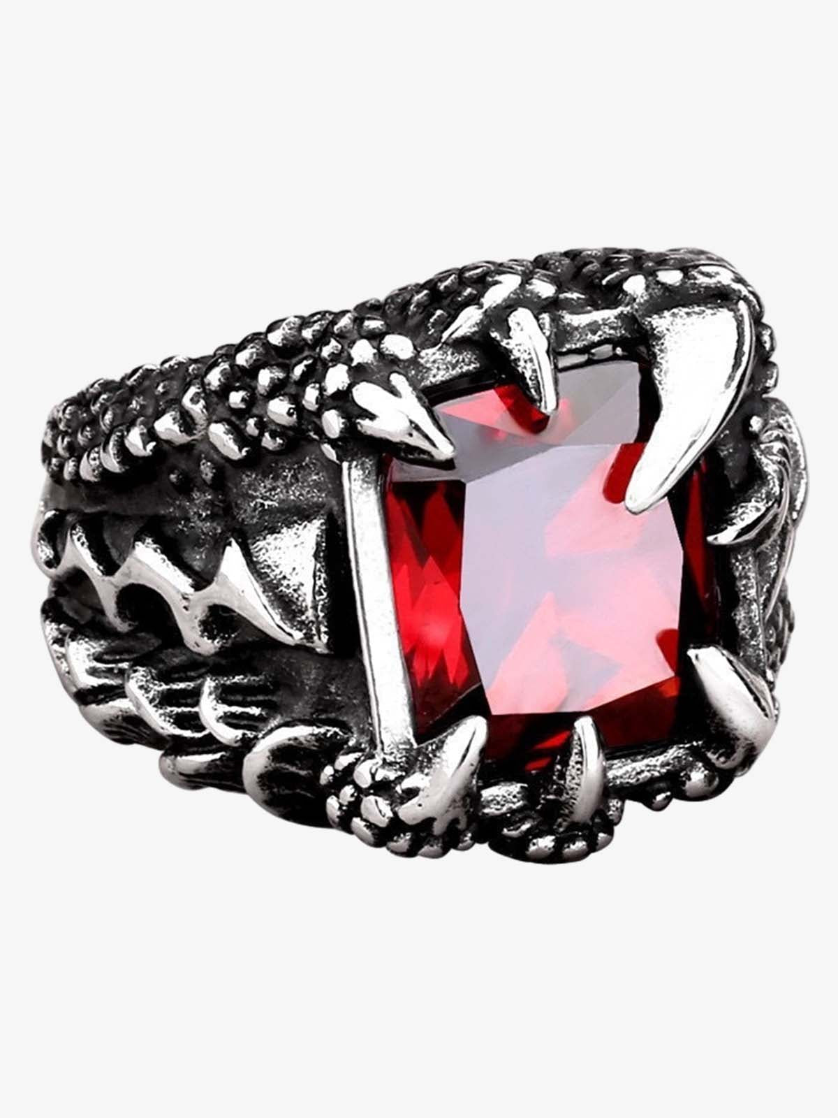 Sterling Silver Dragon Claw Ring with Red and Blue Gemstone, Gothic Statement Jewelry for Men and Women 