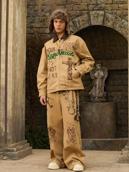 Supermade “Your God Is Not Here” Slogan Print Color-Blocked Embroidered Retro Canvas Set 