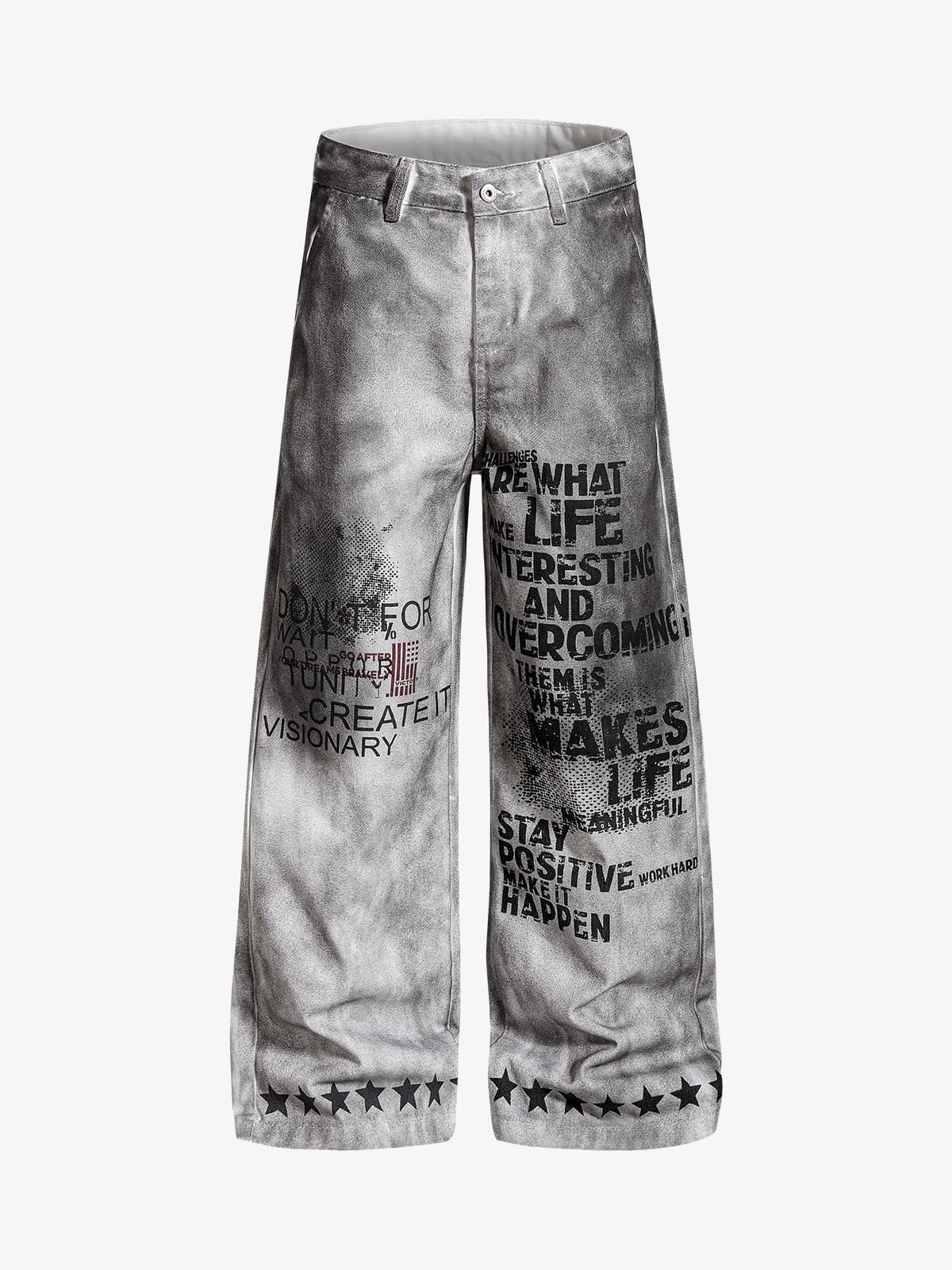 Cotton Wide Leg Pants with Graphic Print and Star Trim - Oversized Streetwear Trousers for Men?