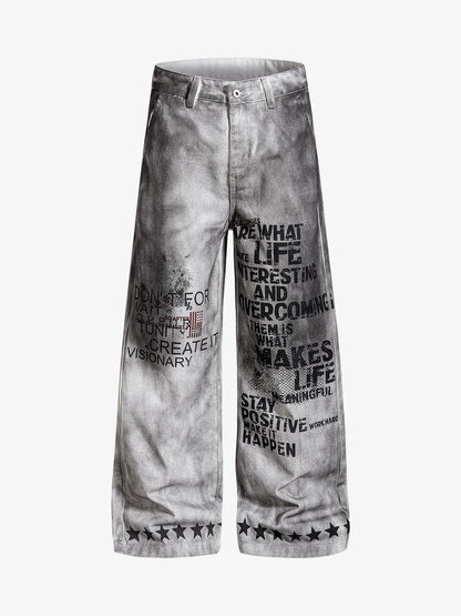 Cotton Wide Leg Pants with Graphic Print and Star Trim - Oversized Streetwear Trousers for Men?