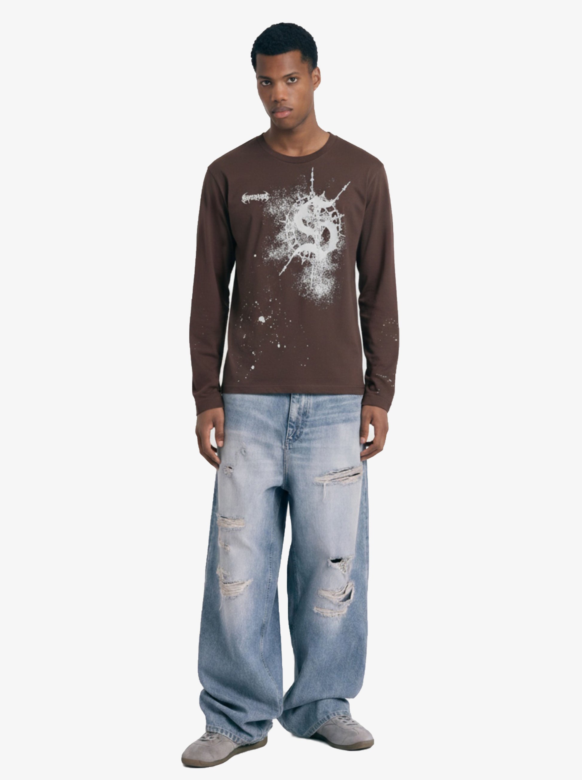 Cotton Washed Slim Fit Long-Sleeve T-Shirt with Splatter Graphic Print and Gothic 3D stereoscopic silicone printing Logo Design?