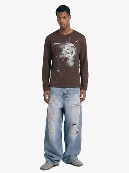 Cotton Washed Slim Fit Long-Sleeve T-Shirt with Splatter Graphic Print and Gothic 3D stereoscopic silicone printing Logo Design?