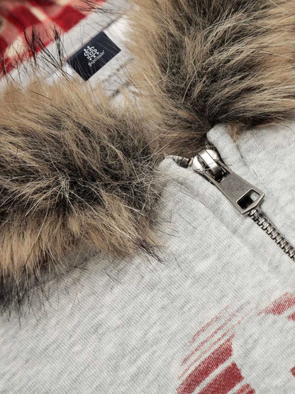 Thesupermade American Retro Gradient Letter Print Splicing Cardigan Fur Collar Coat