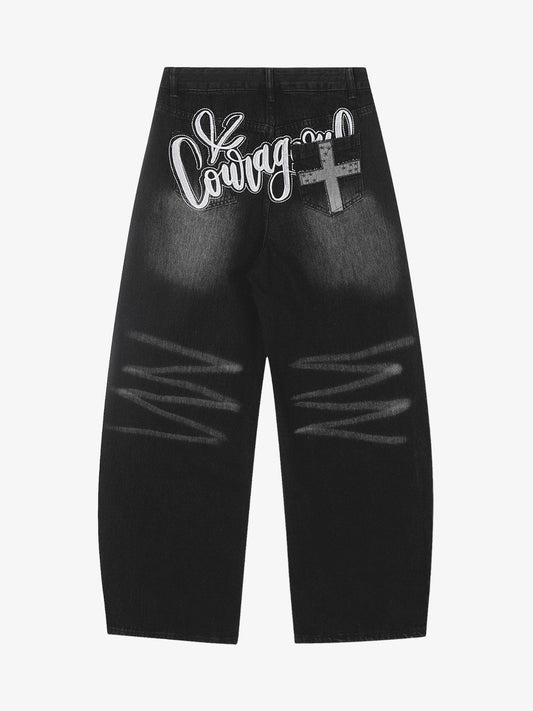 Distressed Black Denim Jeans with Embroidered Design and Cross Patch 