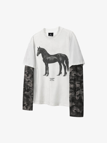Cotton Blend Oversized Graphic Tee with Leopard Horse Print and Camo Layered Sleeves?