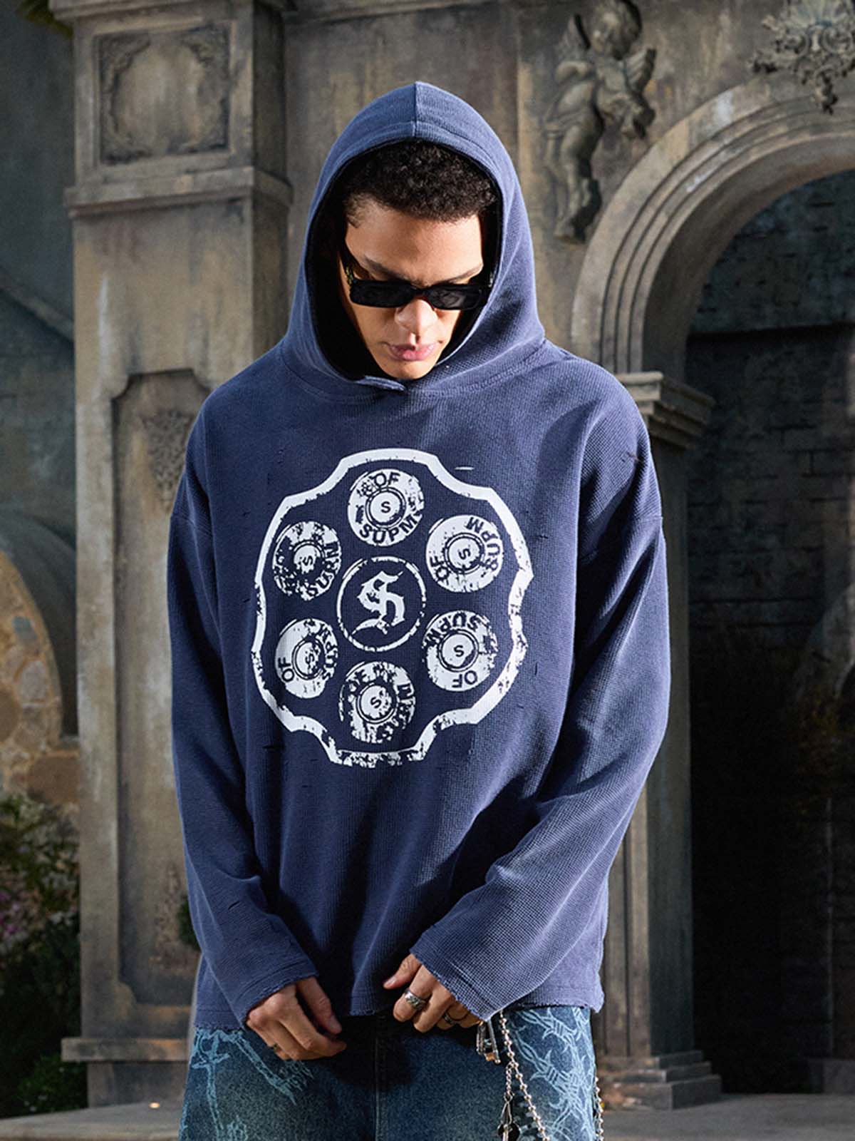 Supermade Waffle-Knit Distressed Button-Pattern Hoodie?