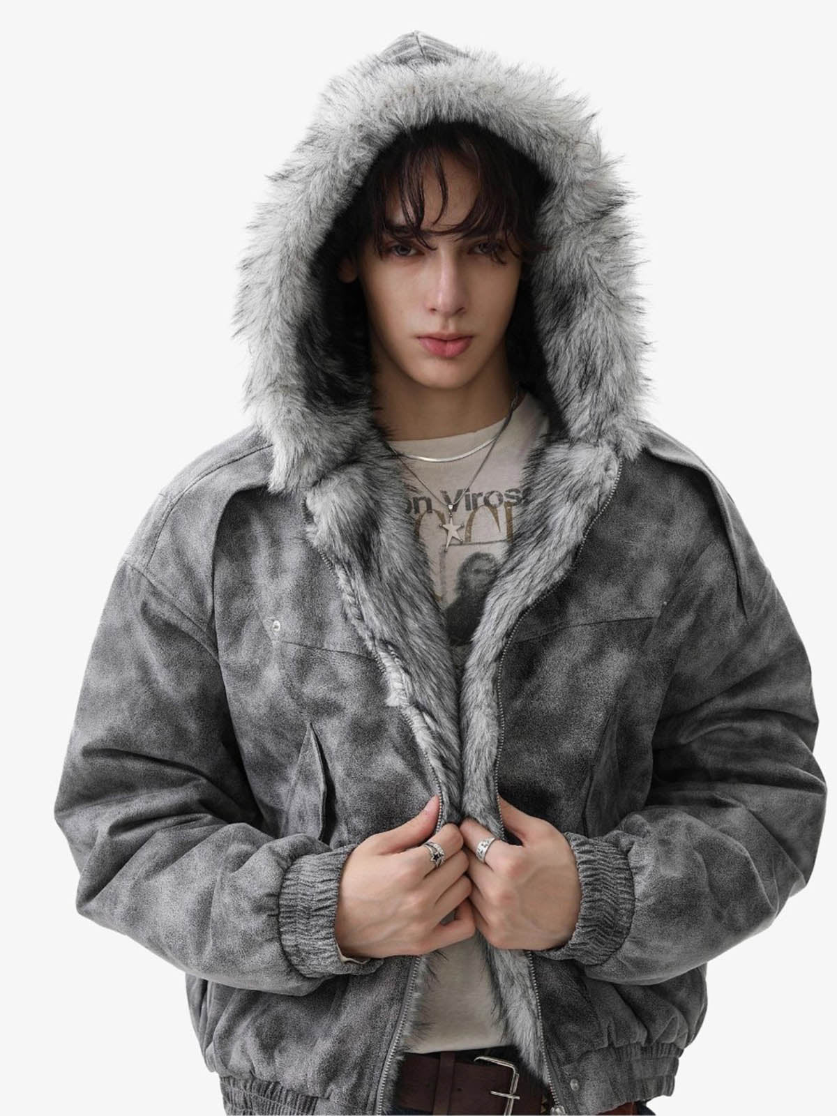 Stylish Tie-Dye Bomber Jacket with Faux Fur Hood for Winter and Fall 