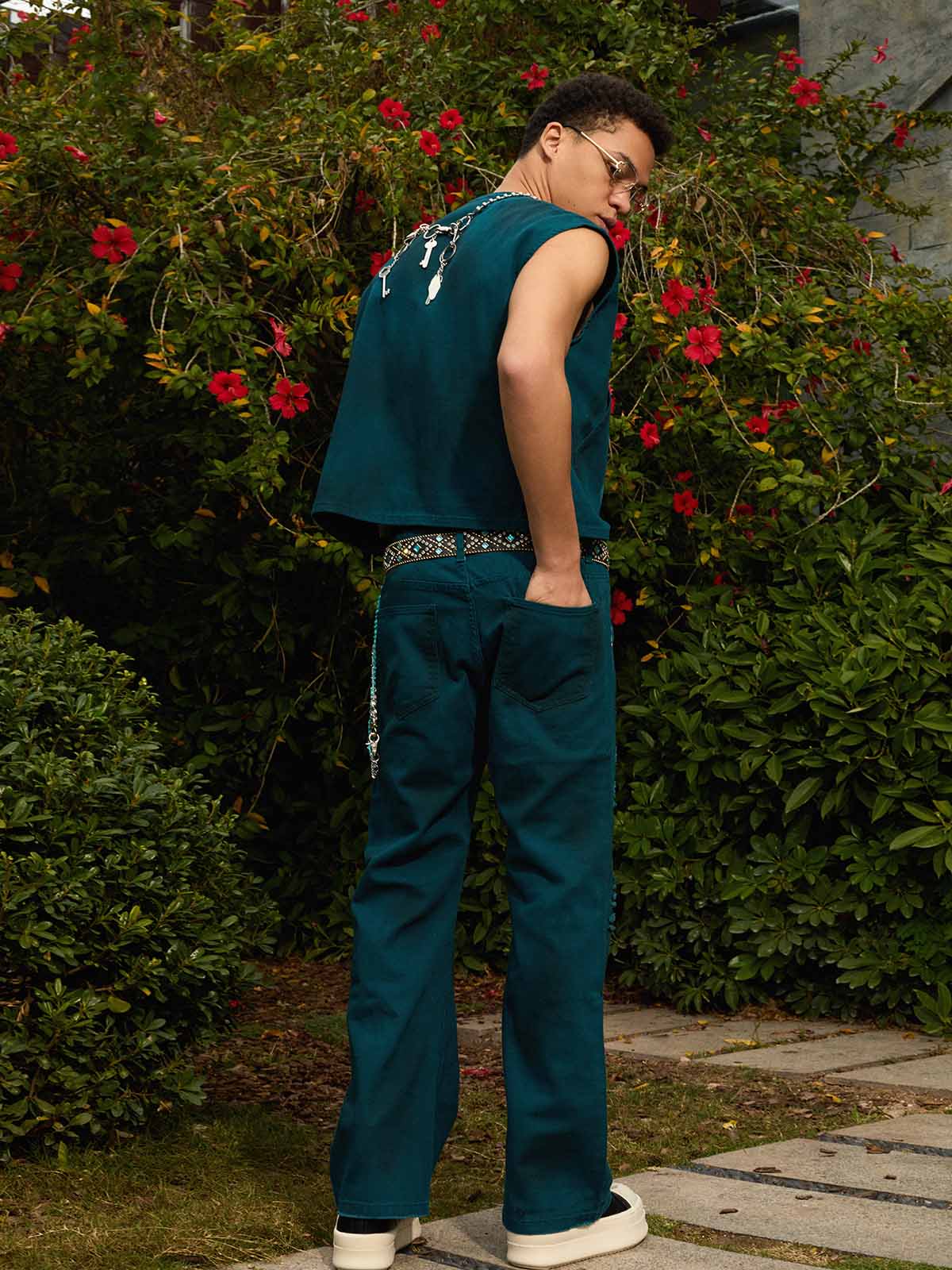 Denim Wide Leg Cropped Pants with White Stripe Design High Waist Fashion Trousers for Women 