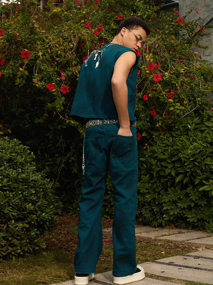 Denim Wide Leg Cropped Pants with White Stripe Design High Waist Fashion Trousers for Women 