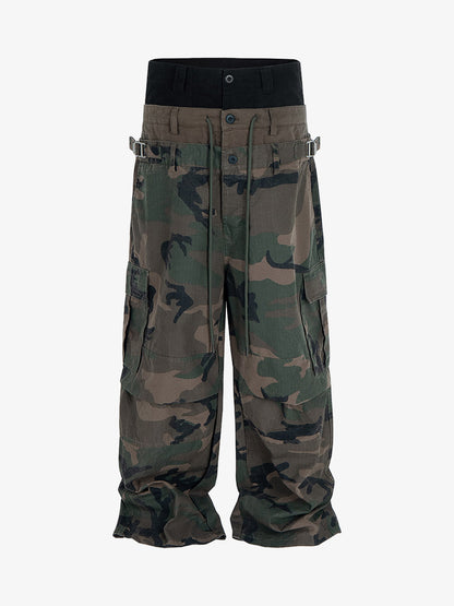 Three-Waist Splicing Camouflage Cargo Buckle Waist Design Overalls 