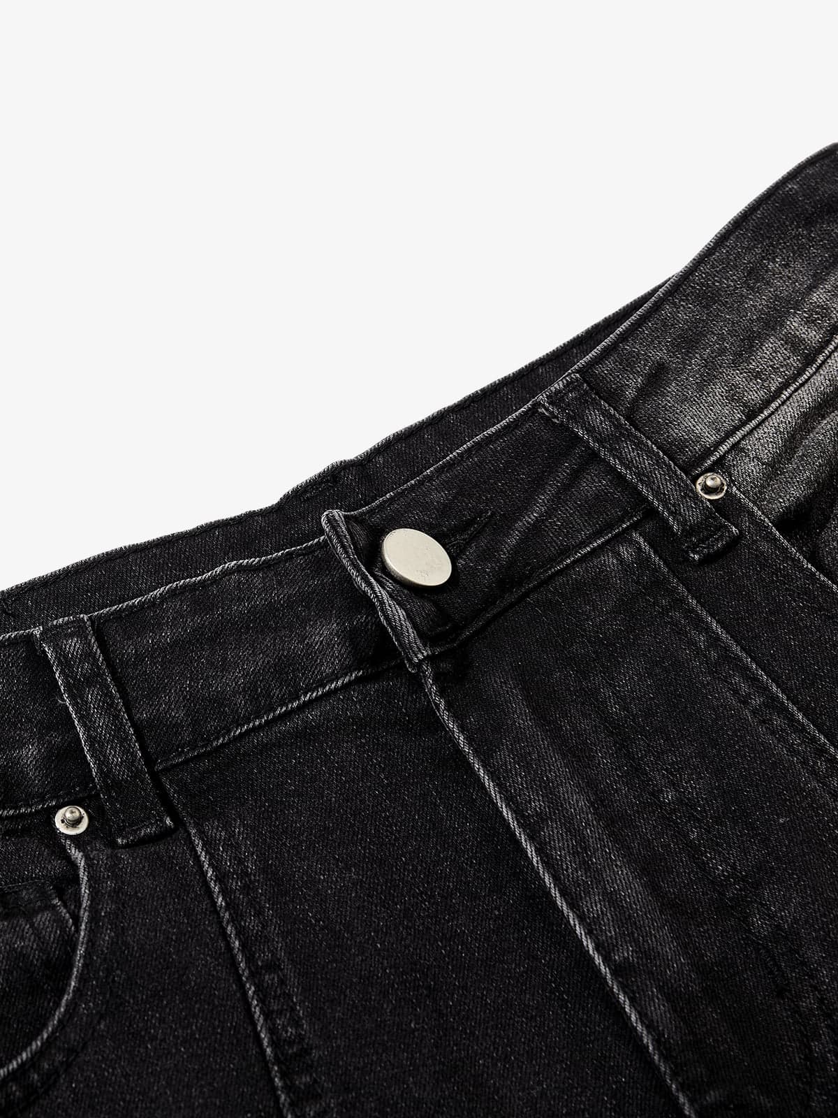 Black Denim Wide-Leg Jeans with Asymmetric Stitching and Button Details?