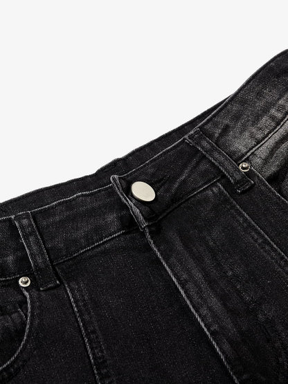 Black Denim Wide-Leg Jeans with Asymmetric Stitching and Button Details?