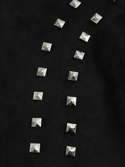 Suede Punk-Style Double-sided zipper Bomber Jacket with Studs Embroidery and Printing Techniques?