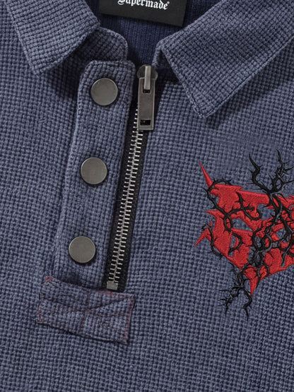 Cotton Blend Textured Polo Shirt with Red Embroidered Logo and Zipper Detail 