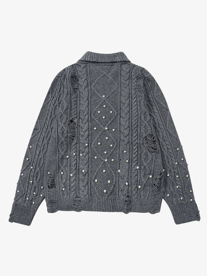 Retro Beaded Crochet Distressed Knit Cardigan 